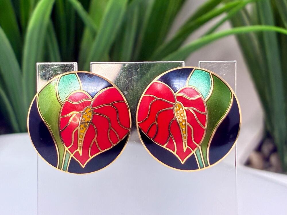 Vintage Laurel Burch “Anthurium” Earrings Red Enamel Gold Tone Signed